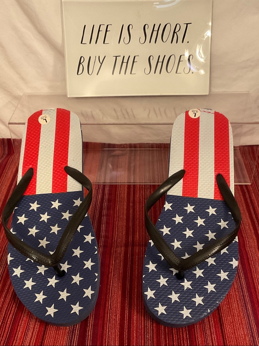 Unisex Adult Patriotic Flip Flops - Red White & Blue with Black Straps M 9-10